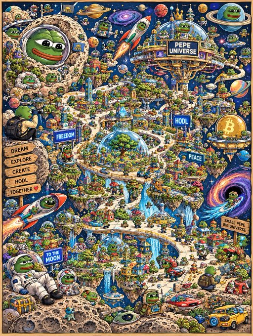 A vibrant, busy cartoon map of the 'PEPE UNIVERSE' featuring floating islands, Pepe the Frog characters, rockets, Bitcoin symbols, and signs reading 'HODL', 'FREEDOM', and 'TO THE MOON'.