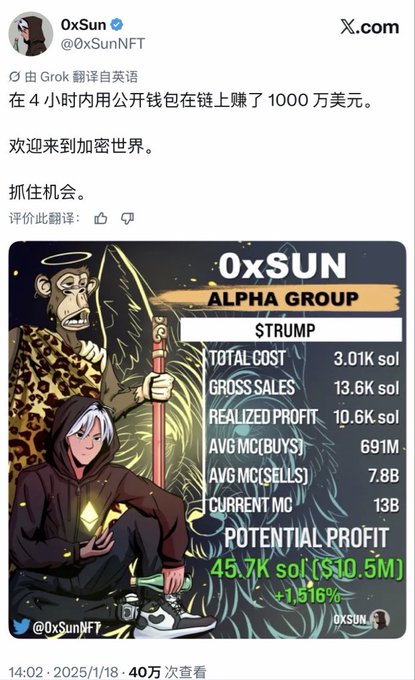 A tweet from 0xSun (@0xSunNFT) shows impressive stats for the "STRUMP" token under the 0xSUN Alpha Group, highlighting a potential profit of 45.7K SOL (~$10.5M), a 1,516% gain, and a gross sales figure of 13.6K SOL with a realized profit of 10.6K SOL. The post relates to the accompanying text about a person capitalizing on the early buzz surrounding Trump's coin launch, earning $10 million in just 4 hours after Trump hinted at the coin on his Truth Social platform on January 17, 2025.