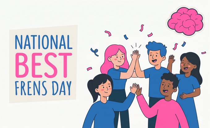 The image features a group of five people standing together with their arms raised high in a celebratory gesture. They are all wearing blue shirts, which suggests that they might be part of a team or organization. The background of the image is white, providing a stark contrast to the colorful attire and actions of the individuals. In the top right corner of the image, there's a pink cloud with a brain on it, adding an interesting visual element to the scene. The text "National Best Frens Day" is written in black at the bottom left corner of the image, indicating that this event is being celebrated on National Best Frens Day.