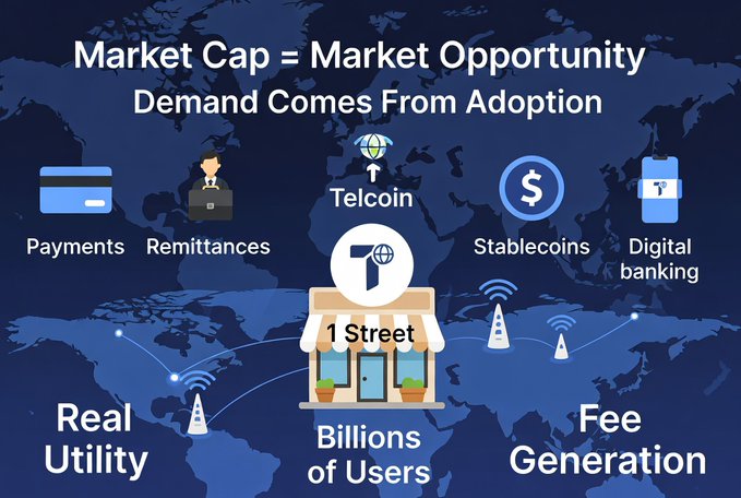 A marketing graphic for Telcoin ($TEL) displays the tagline "Market Cap = Market Opportunity, Demand Comes From Adoption" against a world map, highlighting four use cases—Payments, Remittances, Stablecoins, and Digital banking—with the Telcoin logo at the center of a "1 Street" storefront, surrounded by icons representing "Real Utility," "Billions of Users," and "Fee Generation," reinforcing the post's argument that $TEL's upside is driven by MNO network adoption and real-world fee generation rather than circulating supply.