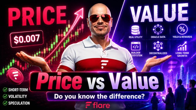 A stylized image features a man in sunglasses holding a "$0.007" price tag beneath a rising chart on the left, contrasting it with "VALUE" attributes like "REAL UTILITY," "ORACLE DATA," and "YIELD & REWARDS" on the right, centered around the text "Price vs Value - Do you know the difference?" alongside the Flare logo, visually promoting the video's theme of distinguishing a token's market price from its underlying worth.