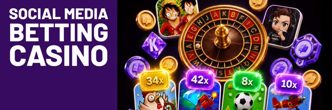 Banner reading 'SOCIAL MEDIA BETTING CASINO' featuring a roulette wheel, character avatars, poker chips, and slot-style reels displaying multipliers (34x, 42x, 8x, 10x).