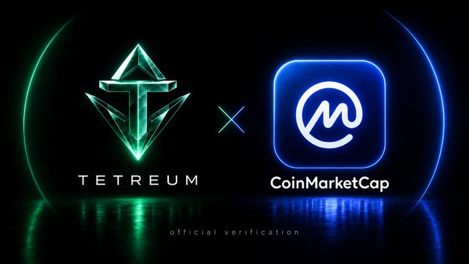 A promotional graphic announcing 'Official Verification' for the Tetreum token on CoinMarketCap, featuring their glowing green and blue logos.