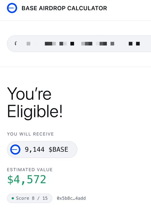 The image shows an Airdrop Simulator screen displaying a list of calculations for a base-airdrop calculator. The calculator has estimated values for the exchange rates between two different bases, as well as a total value exceeding $4,572. There is also a text in the top left corner that says "You're Eligible!".