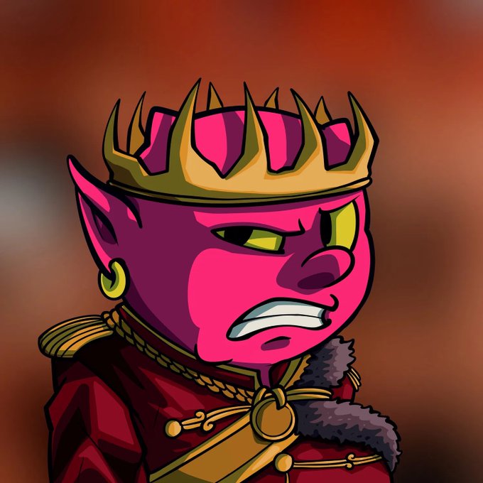 Digital illustration of a pink-skinned devil-like character with pointed ears, yellow eyes, a gold crown, and a red and gold military-style uniform with fur trim.