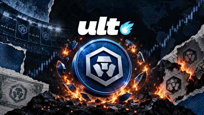 A dramatic graphic for 'ult' featuring a blue hexagonal crypto coin surrounded by fire and shattered dollar bills against a stadium backdrop.