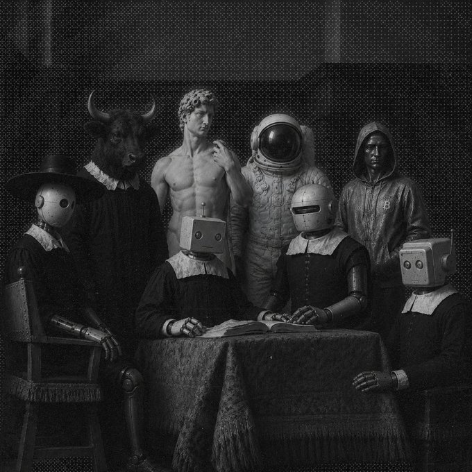 A surreal black-and-white portrait of an eclectic crew—including a bull-headed figure, classical statue, astronauts, and robots in period dress—gathered around a table reading a book together. The image fits the post's nostalgic tone of "missing anyone," evoking a whimsical, otherworldly reunion of eccentric characters who have stayed together through time.