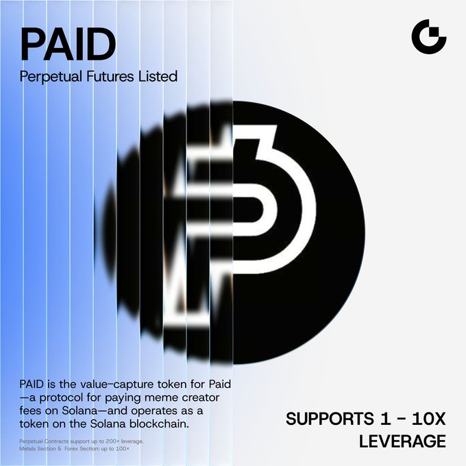 A promotional graphic announces the listing of PAID perpetual futures, featuring a large black "PAID" logo against a blue gradient background with text reading "PAID Perpetual Futures Listed" and "SUPPORTS 1 – 10X LEVERAGE." The image aligns with the post's announcement of the $PAID/USDT trading pair on Gate Futures, highlighting the token's role as the value-capture token for the Paid protocol on Solana.