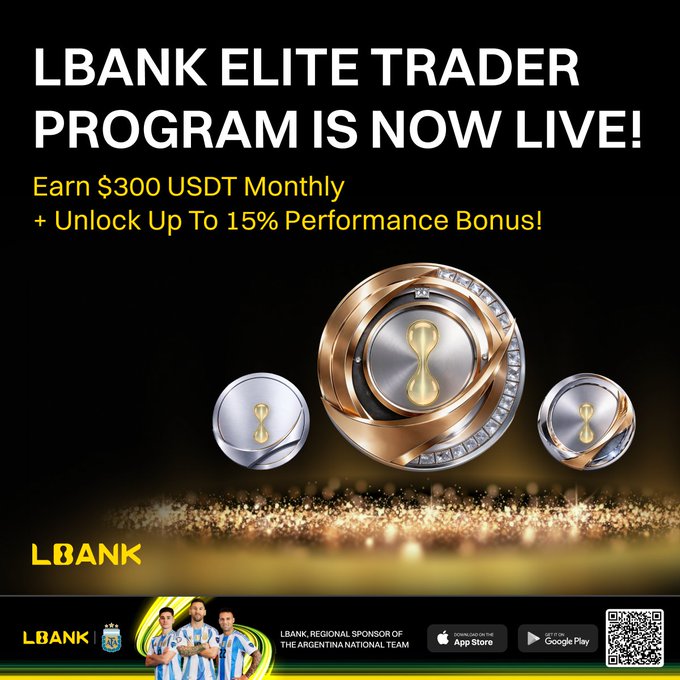 A promotional image announces the launch of the "LBANK ELITE TRADER PROGRAM," offering elite traders $300 USDT monthly plus up to 15% performance bonuses, featuring three gold and silver coins with hourglass motifs. The LBank logo appears alongside its sponsorship of the Argentina national team and a QR code linking to the application page.