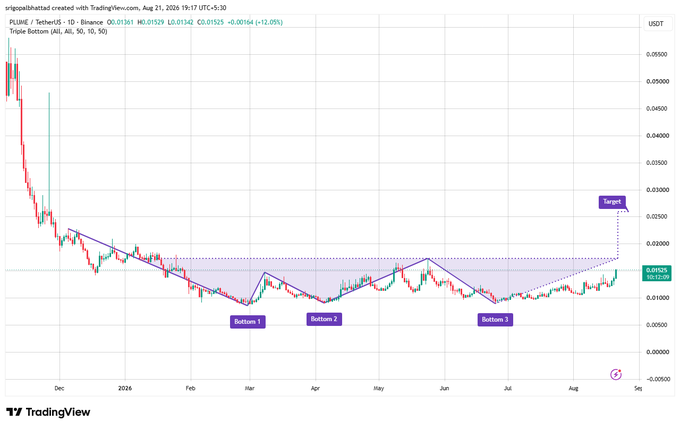 A TradingView candlestick chart for PLUME/USDT showing a 'Triple Bottom' pattern with three labeled bottoms and a target zone around 0.02500, current price near 0.01761.