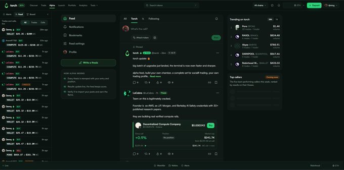 Another view of the Torch trading platform interface, highlighting a post about Pantera Capital and LaCobx being highlighted, with token prices visible on the right.