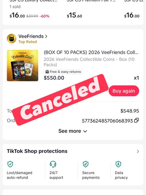 A TikTok Shop order for "(BOX OF 10 PACKS) 2026 VeeFriends Collectible Coins" from VeeFriends (Top Rated) priced at $550.00, with a total of $548.95, marked with a large red "Canceled" stamp and showing a "Buy again" button.