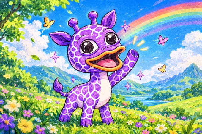 A colorful cartoon illustration of a happy purple and white giraffe with large eyes, standing in a vibrant meadow with flowers, butterflies, and a rainbow in the background.