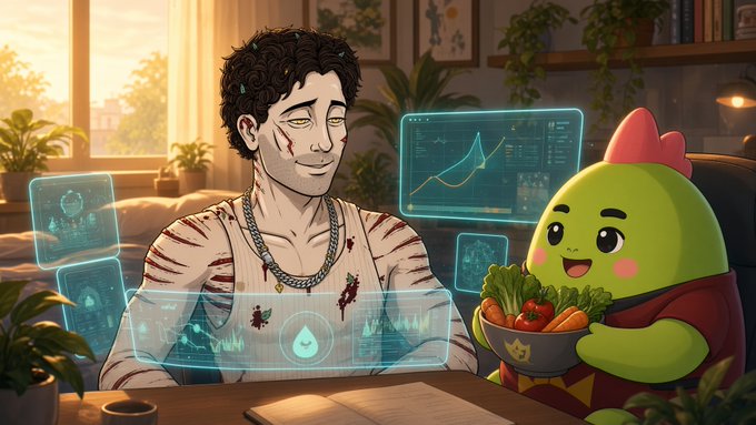 An anime-style illustration shows a bloodied man in a tank top looking at holographic data displays alongside a green cartoon dinosaur holding a bowl of vegetables.