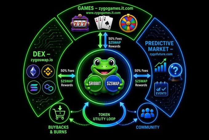 An infographic detailing the Zygo ecosystem with a central frog mascot holding $RIBBIT and $ZSWAP tokens, showing connections to Games (zygogames.it.com), DEX (zygoswap.io), Predictive Market (zygofuture.com), Buybacks & Burns, and Community.