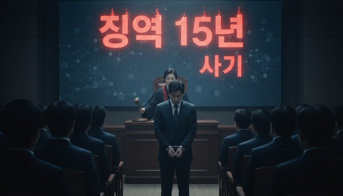 A courtroom scene depicts a man in a suit with cuffed hands standing before a judge, with large red Korean text on the wall behind reading "징역 15년" (15 years imprisonment).