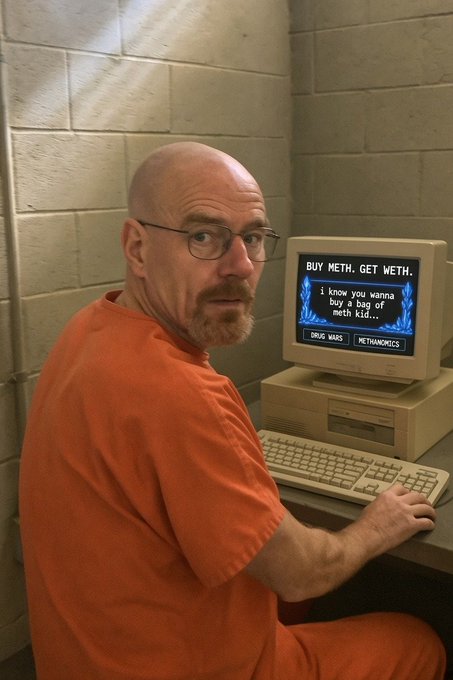 A bald man with glasses in an orange shirt sits at an old beige computer displaying 'BUY METH. GET METH. i know you wanna buy a bag of meth kid...' with 'DRUG WARS' and 'METHADONICS' buttons.