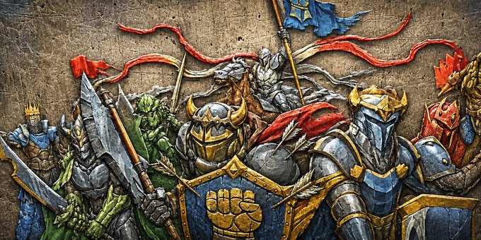A fantasy artwork depicting a group of heavily armored knights in full plate armor holding swords, shields, and banners, with a central knight wearing a helmet with yellow glowing eyes and a shield bearing a golden fist emblem.