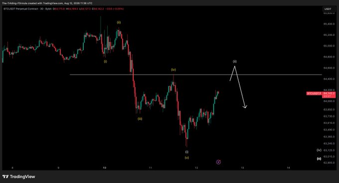 A TradingView chart of BTCUSD Perpetual Contract shows Elliott Wave labeling with marked points (0), (i), (ii), (iii), (iv), (v), (i), (ii), and (iii), highlighting a potential bearish move from the current ~$64,150 level down toward the $63,000 area.