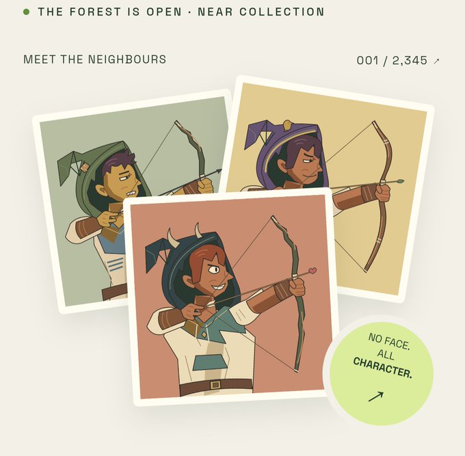 Three illustrated character cards titled "MEET THE NEIGHBOURS" depict hooded archer figures from "THE FOREST IS OPEN" collection on NEAR, with a counter showing "001 / 2,345" and a badge reading "NO FACE. ALL CHARACTER." — promoting the free degen mint at hoodonnear.app.