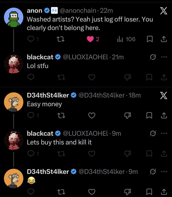 A series of crypto Twitter/X posts where user 'anon' (@anonchain) dismisses critics, 'blackcat' (@LUOXIAOHEL) tells them to 'stfu,' and 'D34thSt4lker' (@D34thSt4lker) says 'Easy money,' with blackcat proposing 'Lets buy this and kill it.'