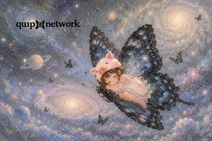 The image features a girl wearing a pink hat, which has a pig design on it. She appears to be sleeping or napping while floating in space surrounded by stars and planets. The background of the image includes a galaxy with spiral arms, adding to the overall celestial theme. The image also contains text that reads "Quip @quipnetwork" and "NFT".