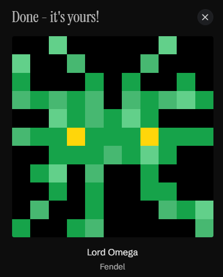 A digital pixel art sprite of a green, symmetrical, tree-like or creature-like shape with two yellow squares for eyes, set against a black background with the text 'Done - it's yours!', 'Lord Omega', and 'Fendel'.