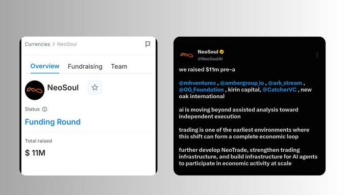 Two information panels about NeoSoul currency showing a Funding Round status with $11M total raised, alongside a Twitter post from @NeoSoulAI about raising $11M pre-a from investors including @mhventures_, @ambergroup_io, and CatcherVC.