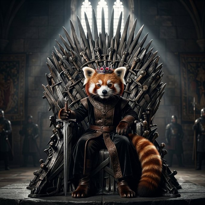 A fantasy digital artwork depicts a red panda wearing a crown and medieval clothing, sitting on a throne made of swords and holding a sword, resembling a Game of Thrones scene.