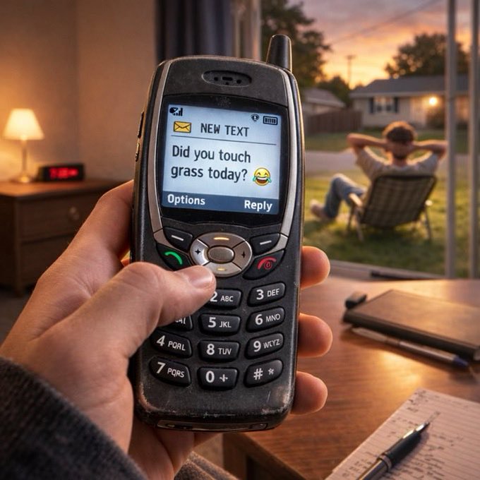 A hand holds a worn black feature phone displaying a text message that reads 'Did you touch grass today? 😂', with a person relaxing in a lawn chair visible in the background at sunset.