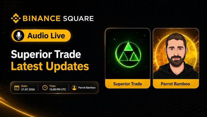 Binance Square promotional banner for an Audio Live AMA featuring Superior Trade and host Parrot Bamboo, scheduled for July 21, 2026 at 15:00 PM UTC. The graphic complements the post announcing a live AMA session to discuss Superior Trade's AI-powered trading infrastructure project.