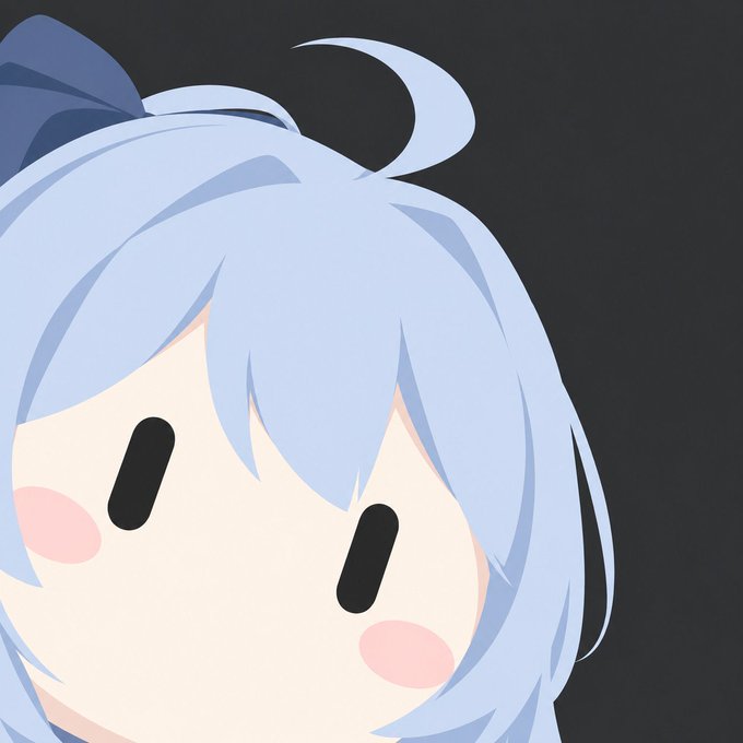A close-up illustration of a cute anime-style character with light blue hair and a blue bow, featuring simplified dot eyes and pink cheeks.