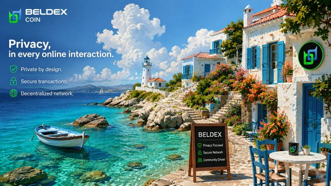 Beldex Coin advertisement featuring 'Privacy, in every online interaction' overlaid on a Mediterranean coastal scene.