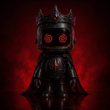 A dark, stylized figurine of a crowned character with glowing red spiral eyes, wearing armor with a "4" symbol, set against a smoky red background.