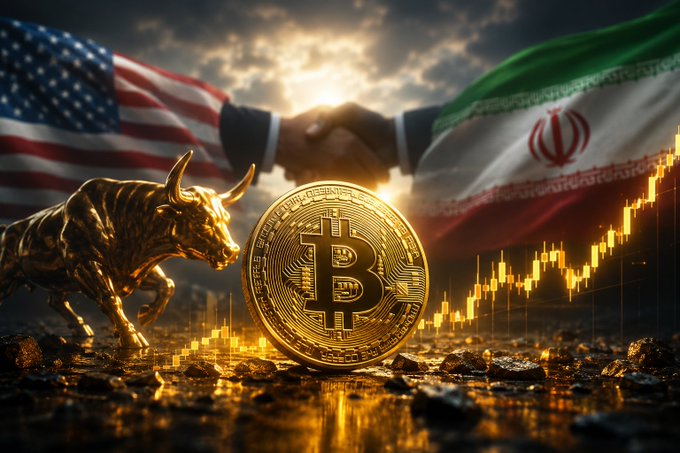 A composite image featuring a handshake between US and Iranian flags in the background, with a golden Bitcoin coin, bull statue, and an upward-trending price chart in the foreground.
