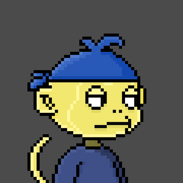 A pixel art cartoon character with yellow skin, wearing a blue Robin Hood-style cap with a feather and a blue outfit, fitting the "MonkeyHood" theme referenced in the post about the Robinhood mint FCFS update.