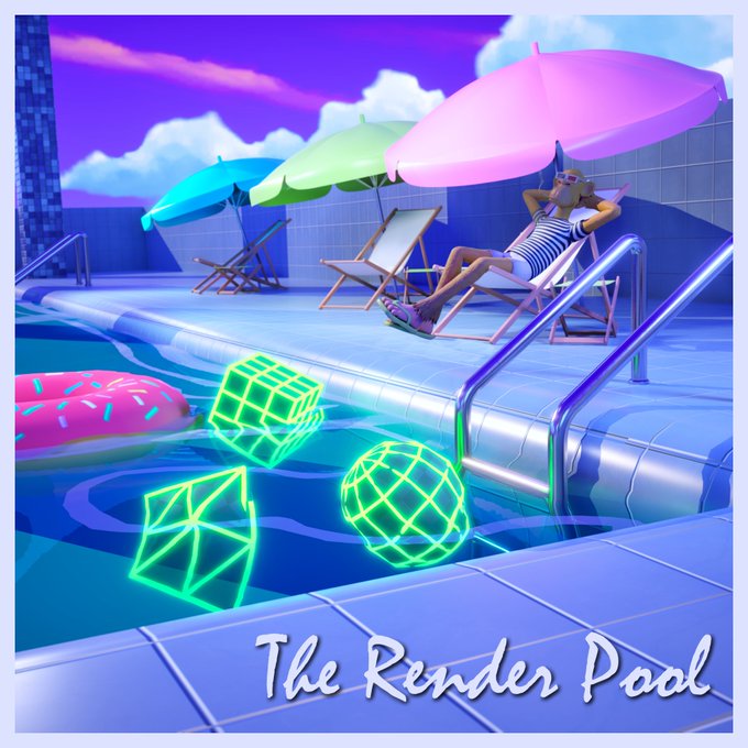 The image shows a vibrant, neon-lit 3D-rendered pool scene featuring a woman lounging on a chair under pastel umbrellas, with glowing geometric shapes and a pink donut float in the water. The text "The Render Pool" appears at the bottom, tying into the post's "GM from the Render Pool" greeting as a stylized, digital-art weekend welcome.