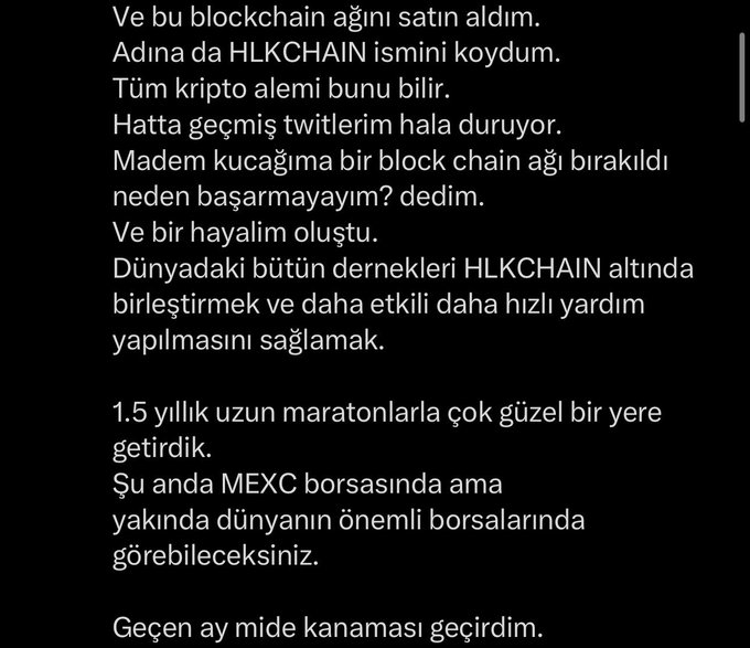 The image shows a Turkish social media post announcing the launch of "HLKCHAIN," a blockchain network named after Haluk Levent, with a stated goal of unifying charities under this network. The accompanying caption contextualizes this as criticism of Haluk Levent's cryptocurrency venture, noting that he launched a coin called HLKCHAIN, while also expressing disappointment about how earthquake donations managed through his Ahbap foundation were handled.