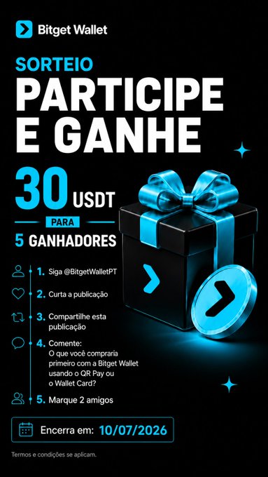 A promotional giveaway graphic from Bitget Wallet offering 30 USDT to 5 winners, with instructions to follow @BitgetWalletPT, like and share the post, comment on what they'd buy first using Bitget Wallet's QR Pay or Wallet Card, and tag 2 friends, ending on 10/07/2026. The image visually reinforces the giveaway post with a gift box graphic and clearly displays the prize details and participation steps.