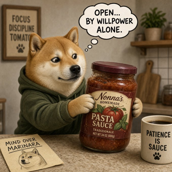 A Shiba Inu in a green hoodie stares longingly at a jar of "Nonna's Homemade Pasta Sauce" while thinking "OPEN...BY WILLPOWER ALONE," with a coffee mug reading "PATIENCE IS SAUCE" and a napkin saying "MIND OVER MARINARA" beside it.

The image humorously plays on the crypto post's themes of holding discipline and conviction—the dog exercising maximum willpower against the temptation to sell, mirroring the poster's "one click away" message about holding $DOGE before reaching one dollar.