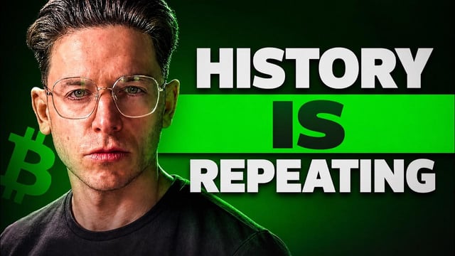 A thumbnail featuring a serious-looking man with glasses and the Bitcoin logo, overlaid with bold text reading 'HISTORY IS REPEATING'.