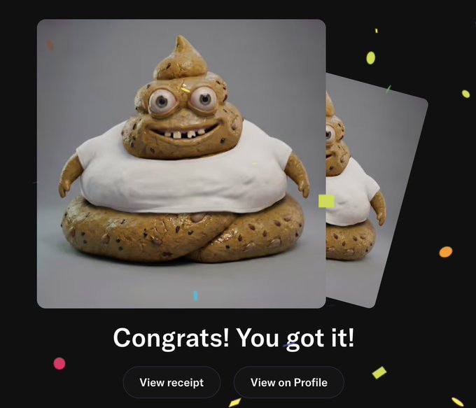 A digital card showing a poop emoji character with googly eyes wearing a white shirt, with confetti and the text "Congrats! You got it!" along with buttons for "View receipt" and "View on Profile".