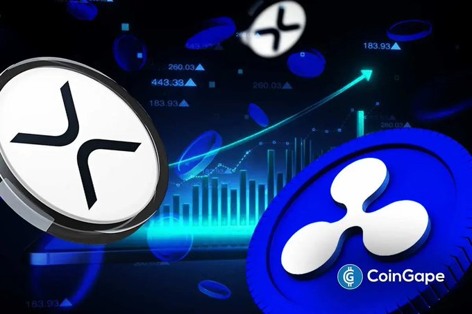 A vibrant digital illustration features two large XRP (Ripple) logos on the left and a prominent blue Ripple coin with the white Ripple emblem on the right, set against a dark blue background filled with floating coin graphics, financial charts, bar graphs, and numerical data points like "260.03," "443.33," "183.93," and "260.02," with a glowing upward arrow symbolizing a market surge. The image, branded with the "CoinGape" watermark, visually reinforces the post's claim about leaked Ripple slides revealing Uber and Airbnb as targets for instant cross-border worker payouts, symbolizing XRP's growing real-world adoption and bullish market momentum.