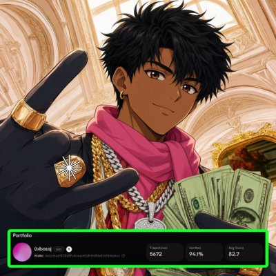 An anime-style illustration of a character with dark hair wearing a pink scarf, gold chain, and black glove, holding stacks of money, with a 'Portolio' crypto interface at the bottom showing '0xbead' wallet details.