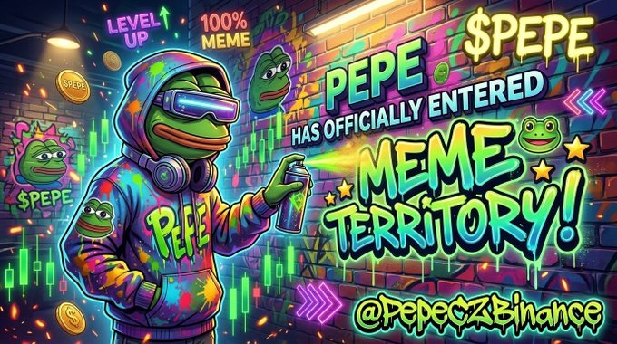 A vibrant graffiti-style graphic features a frog character in a hoodie spraying paint, with text reading 'PEPE HAS OFFICIALLY ENTERED MEME TERRITORY!', '$PEPE', and '@PepeCZbiance'.