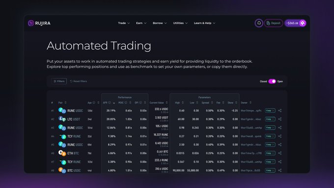 A dark-themed website screenshot for RUJIRA's 'Automated Trading' platform showing a data table with various crypto pairs like RUNE/USDC, LTC/USDT, and ETH/BTC, along with performance metrics and 'Copy' buttons.