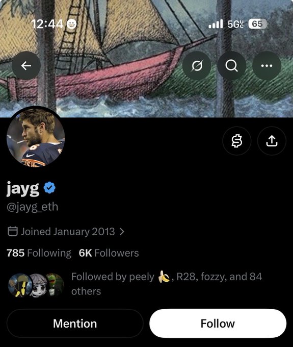 A Twitter/X profile screenshot of "jayg (@jayg_eth)" with 785 following and 6K followers, joined January 2013. The profile's header image shows an illustration of a sailboat, fitting the context of someone critiquing another crypto trader who profited $40M from $Trump without posting or working.