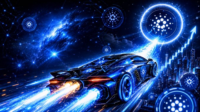 A vibrant digital artwork of a sleek futuristic sports car speeding through a neon-lit cosmic cityscape with glowing blue circular symbols and an upward chart arrow.