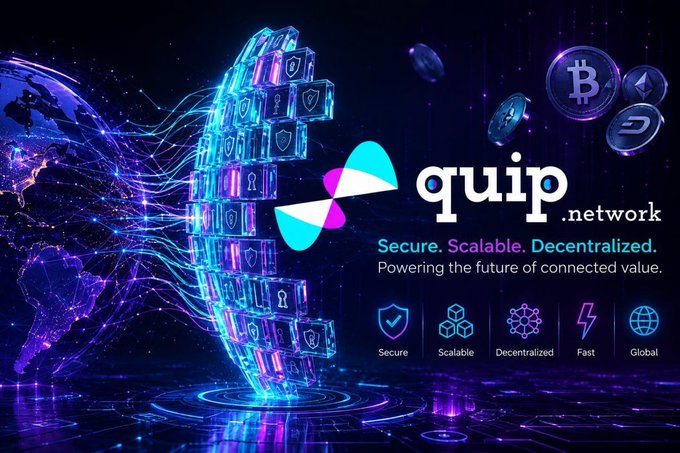 A promotional graphic for 'quip.network' cryptocurrency, featuring the tagline 'Secure. Scalable. Decentralized. Powering the future of connected value' with icons for security, scalability, decentralization, speed, and global reach.
