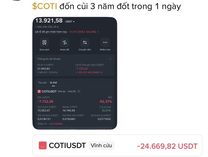 A screenshot showing a portfolio loss of 13,921.58 USDT, with text 'COTI đốn củi 3 năm đốt trong 1 ngày' indicating a massive decline, and COTIUSDT showing a -52.37% drop and -24,669.82 USDT loss.